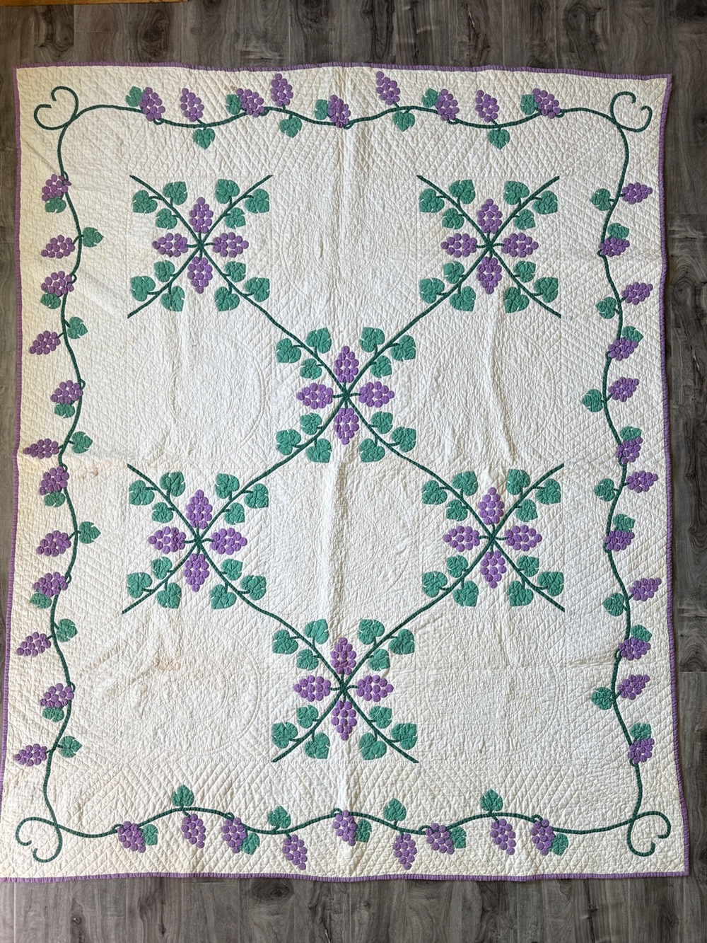 Antique Handmade Grape Vine Quilt All Appliqués and Stitching Sewn By Hand